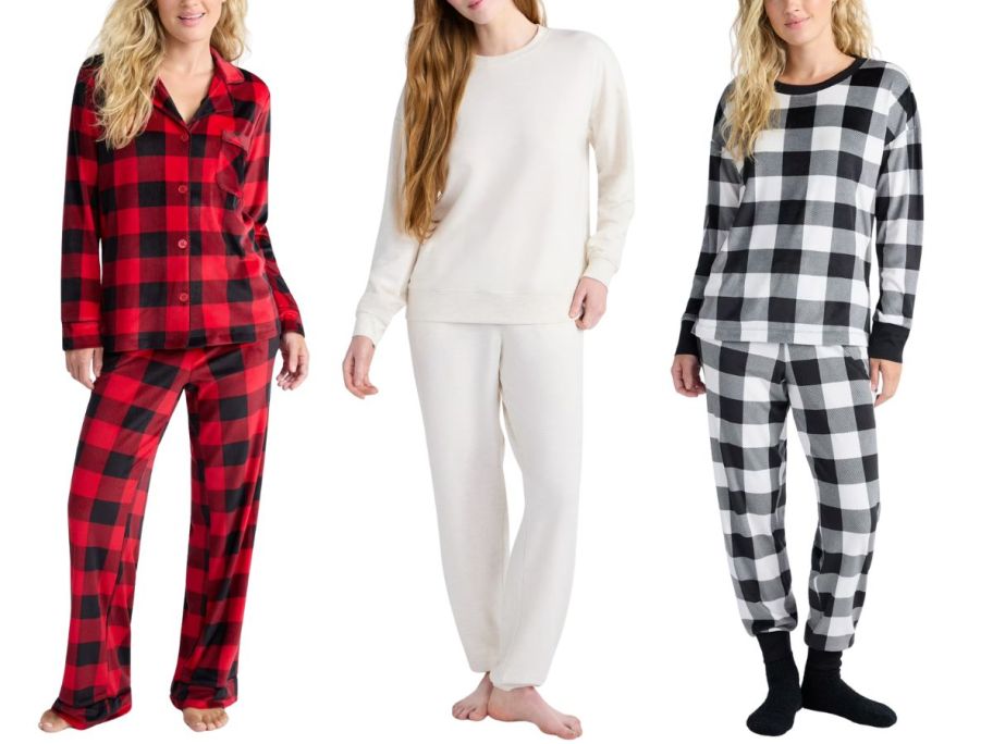 3 women wearing pajamas: two in plaid and one in white