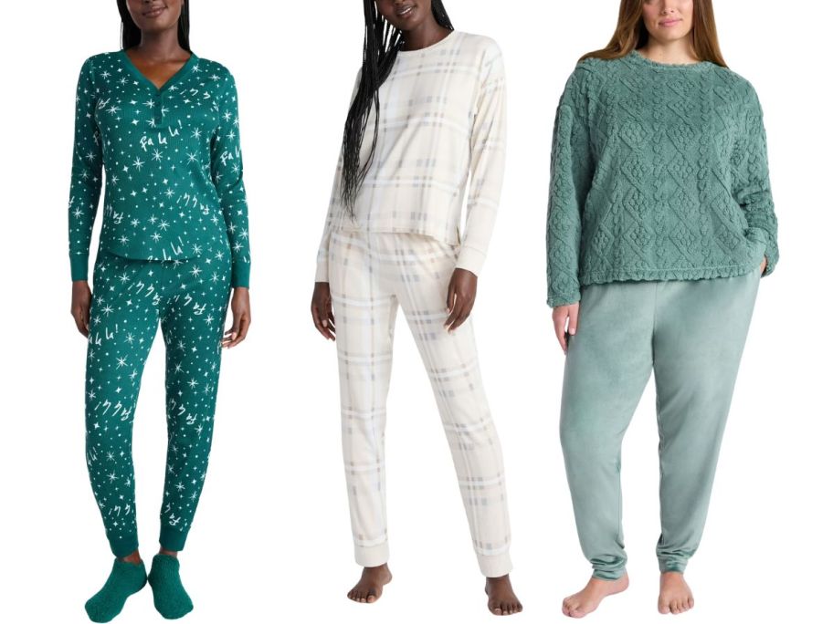 3 women wearing pajamas: 2 in green and one in white