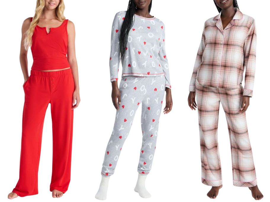 3 women wearing pajamas in red, white, and plaid