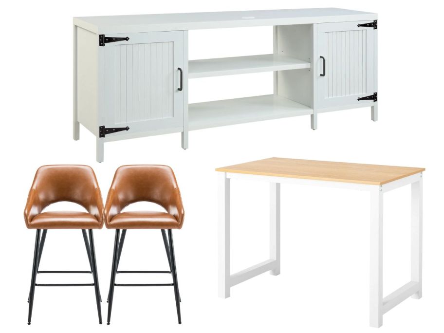 a white tv stand, 2 tan barstools, and a table 