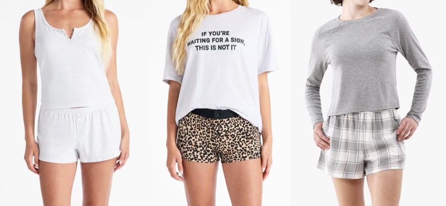 three women in pajama top and shorts sets