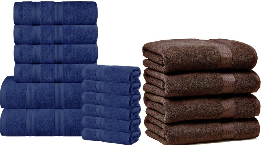 Stock images of Superior and BHG Signature Bath towels in blue and brown
