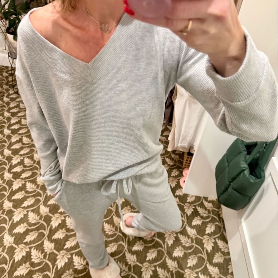 woman wearing a gray two piece set from Walmart