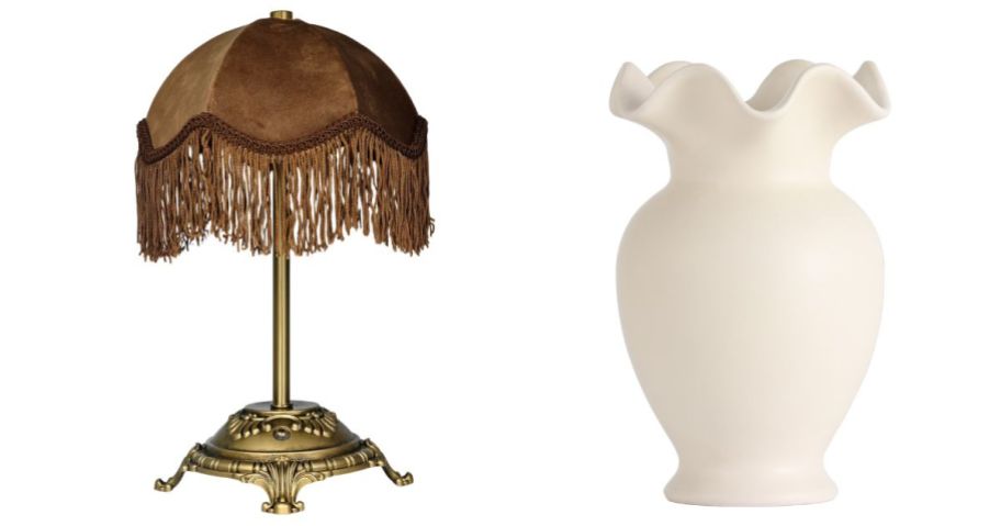 Walmart brown fringe table lamp and beige scalloped vase