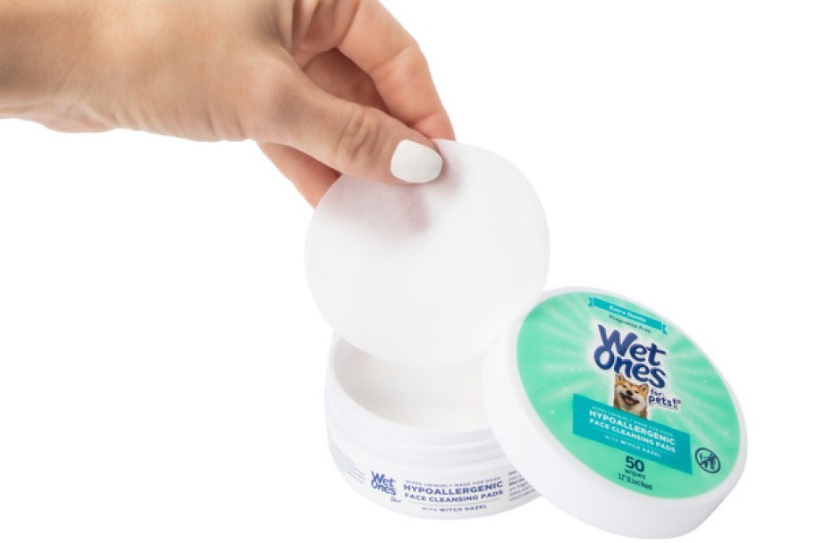 Hand pulling a Wet Ones pet wipe from the container