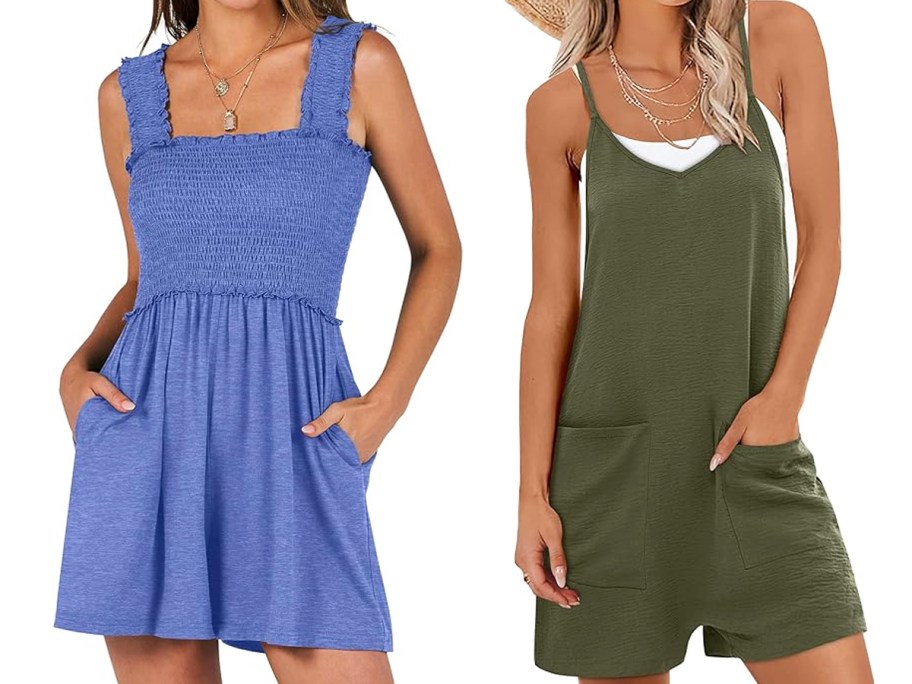 two women in blue and green rompers