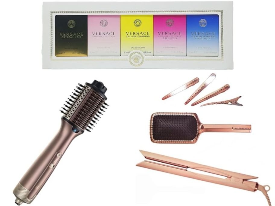 Stock images of Conair Styler Brush, Kristin Ess Flat Iron Set and Versace Mini Perfume Set