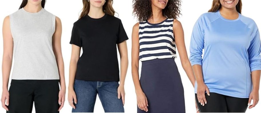 Stock images of 4 women wearing Amazon Essentials clothing