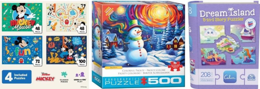 Stock images of Disney Junior Puzzle Set, Frosty Snoman Puzzle, and Calm App Kids Puzzles