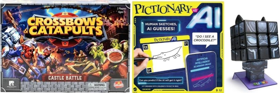 Stock images of Crossbows and Crossbows Castle Game, Pictionary vs AI and Rubik's Black Panther Cuber