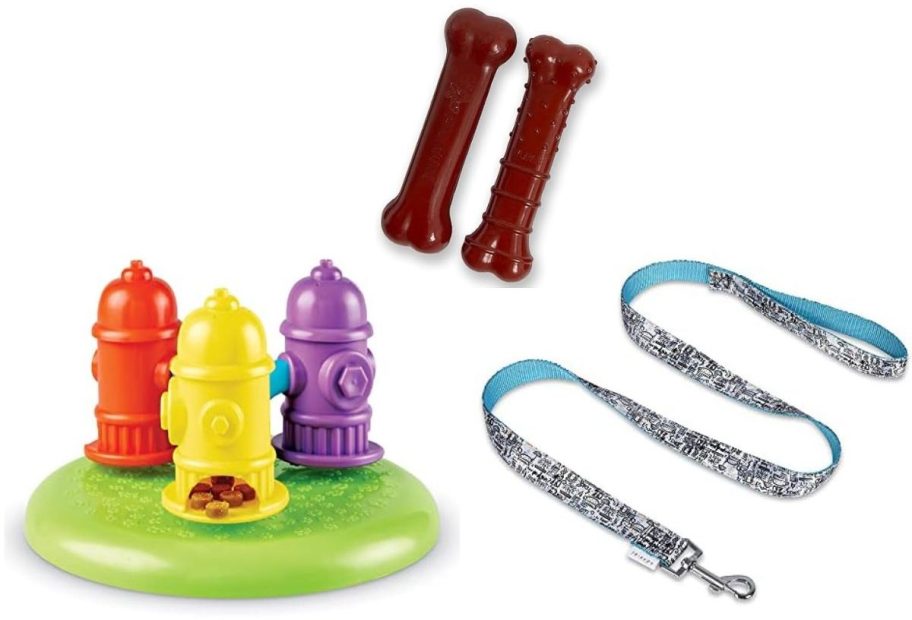 Stock images of a pet toys and leash from Woot's Pet Sale
