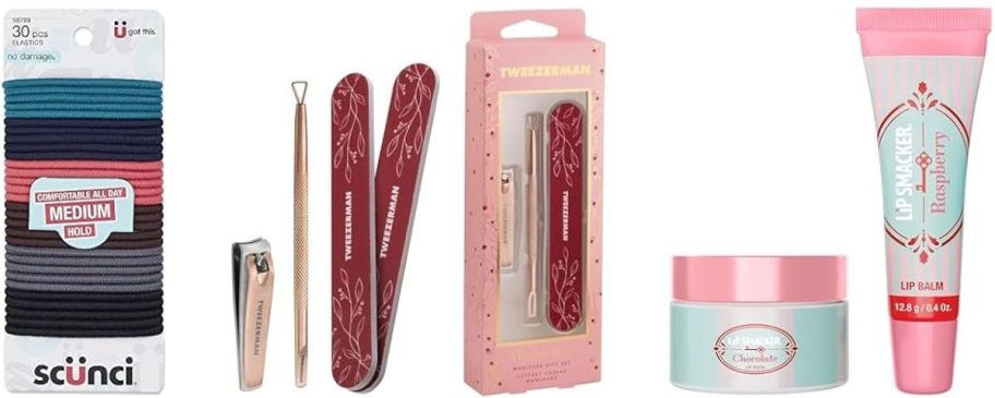 Stock images of Scunci Hair Elastics, Tweezerman manicrure set and Lip Smackers holiday set