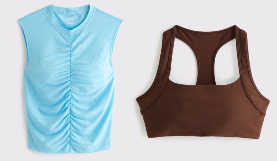 blue tank and brown sports bra