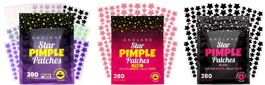 Three packages of colorful acne patches.