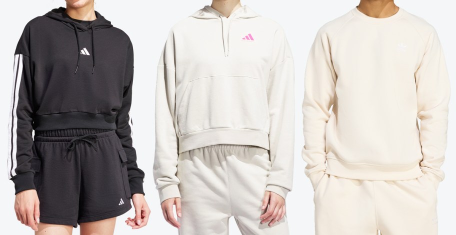 three people modeling adidas hoodies