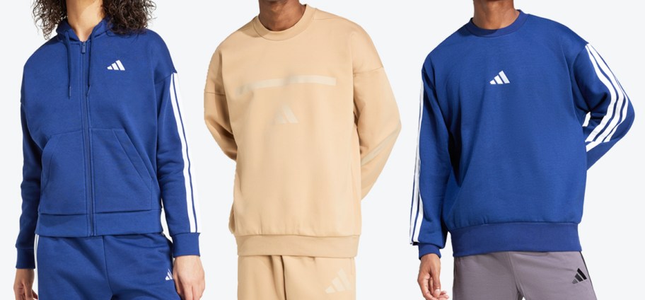 three people modeling tan and blue adidas sweatshirts
