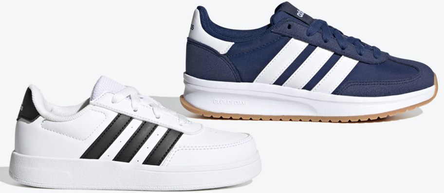 white/black and blue/white adidas sneakers