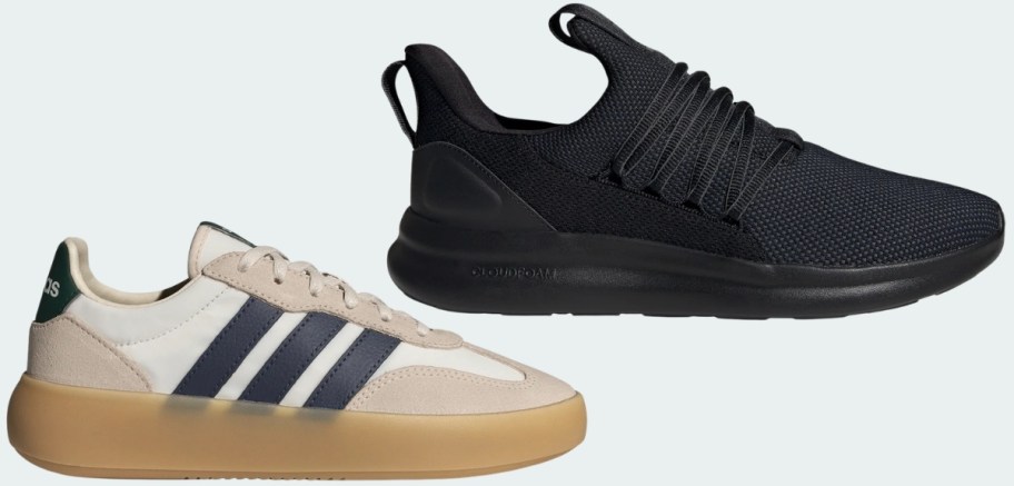 kids gray and navy sneaker and mens black sneaker