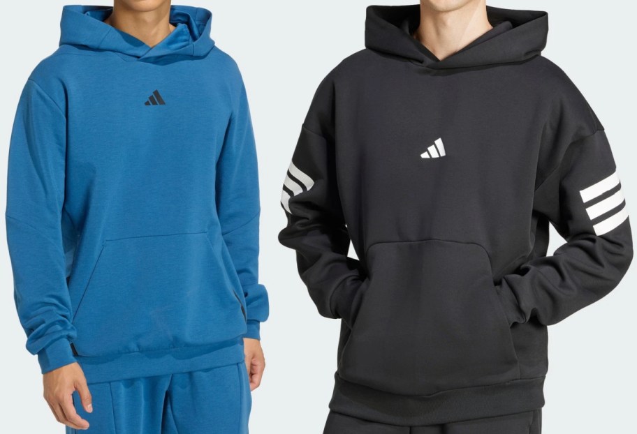 Two Adidas hoodies: a blue pullover hoodie with a black logo, and a black pullover hoodie featuring white stripes on the sleeves and a white logo.