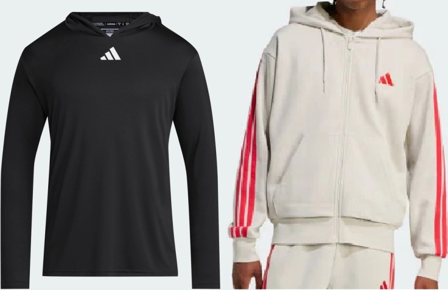 Two Adidas hoodies: a black long-sleeve hooded athletic shirt with a white logo, and an off-white zip-up hoodie featuring red stripes on the sleeves and a red logo.