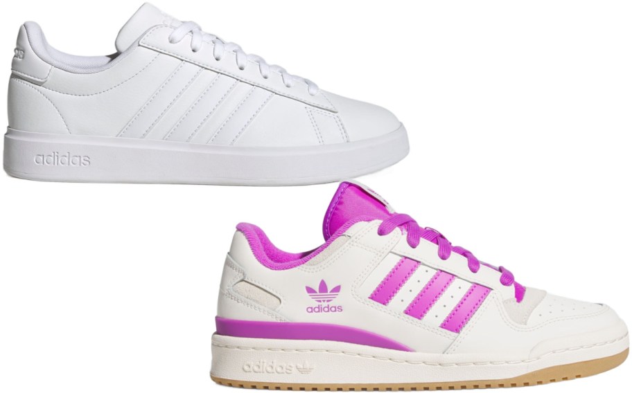 One all white adidas shoe and one white and pink adidas shoe.
