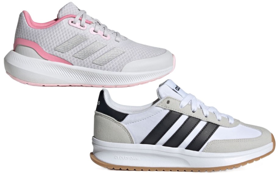 One pink and white adidas shoe and one black and white adidas shoe.