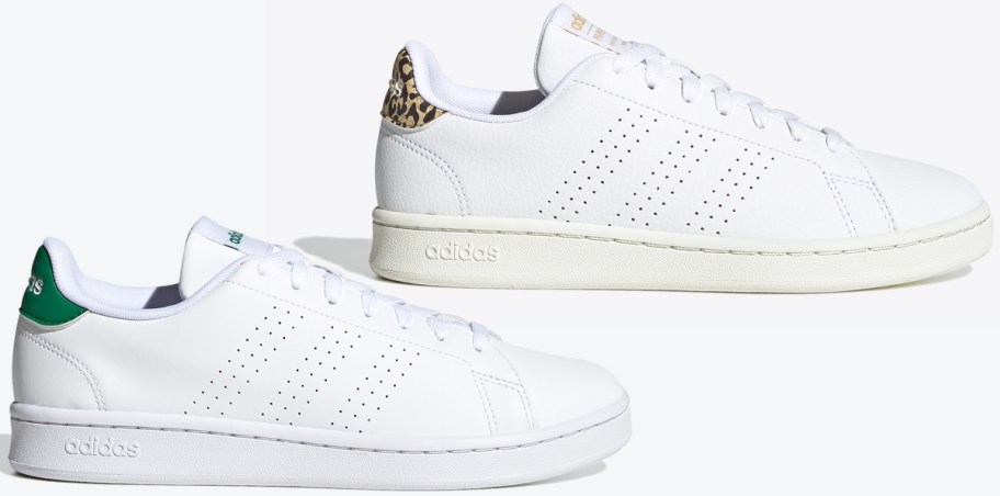 two pairs of white adidas sneakers