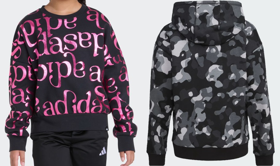 pink foil adidas sweatshirt and camp print hoodie