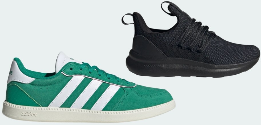womens green and white sneaker and kids black sneaker