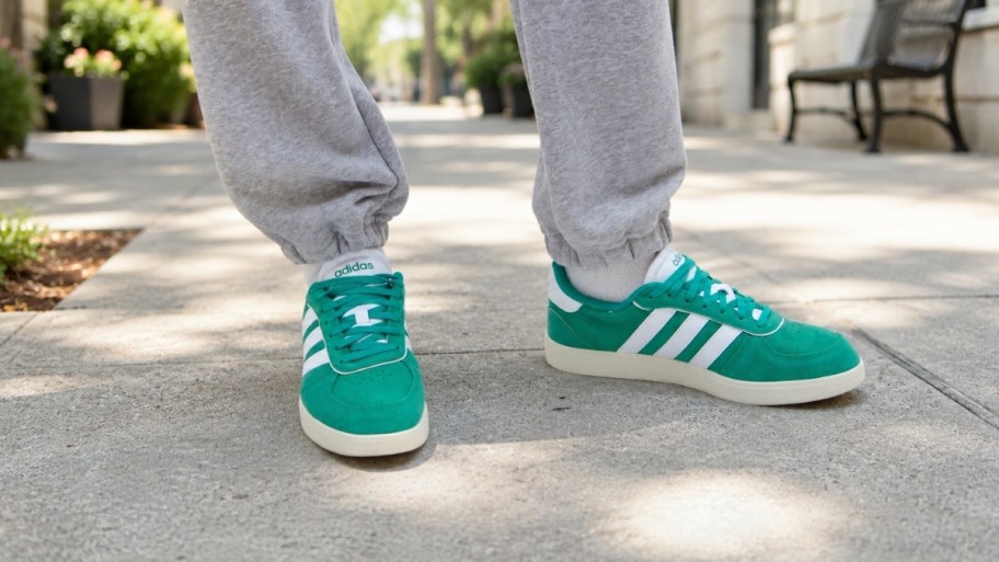 a woman wearing a pair of green and white sneakers