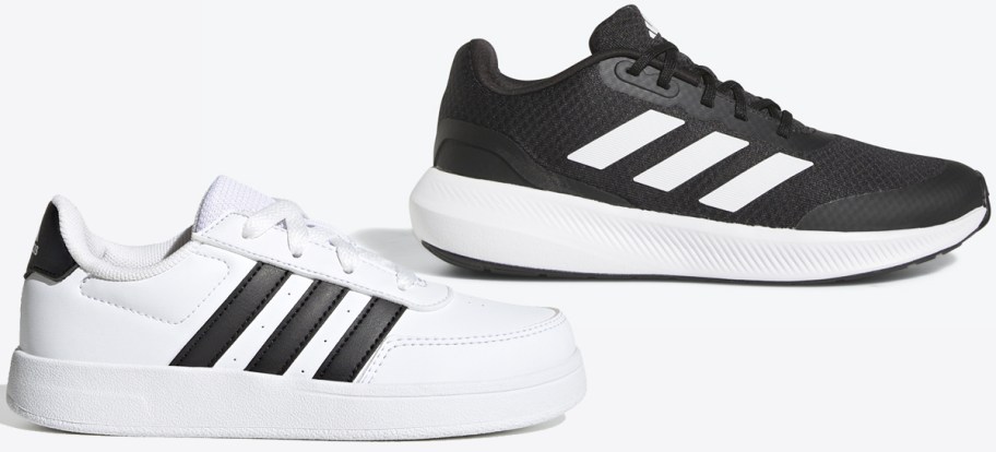 two pairs of black and white adidas sneakers