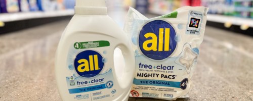 detergent bottle and pods bag on floor in grocery store