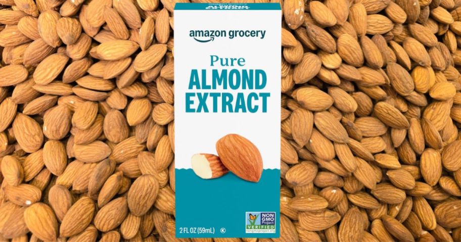 Amazon Grocery Pure Almond Extract box on almonds