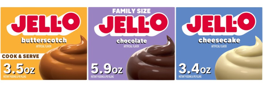 chocolate, cheesecake, and butterscotch pudding mixes