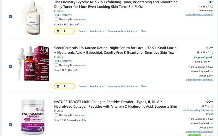 screenshot of subscribe & save order