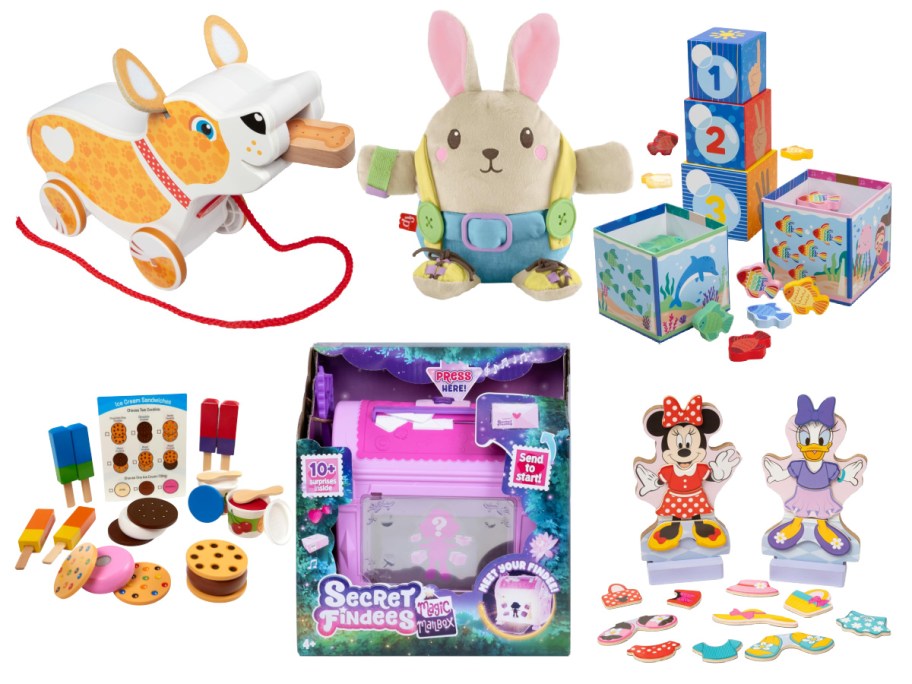 wooden puppy, bunny, stacking blocks, magic mailbox, and more toys