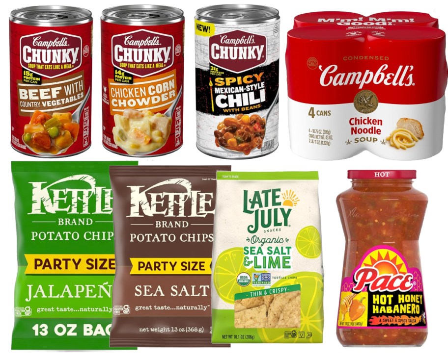 many cans of soup and bags of chips
