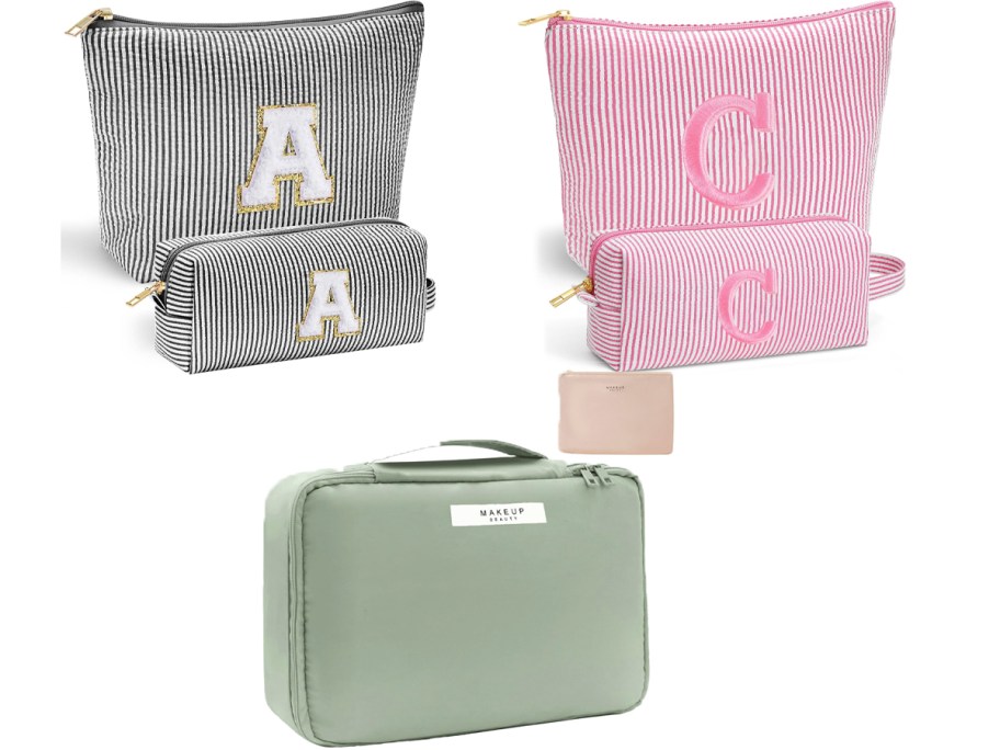 black, pink, and green cosmetic bags