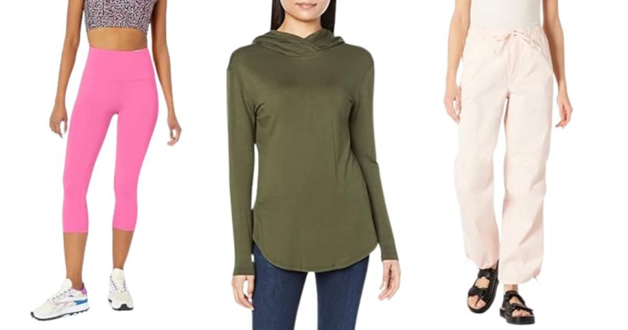 three women wearing amazon leggings, pants, and top