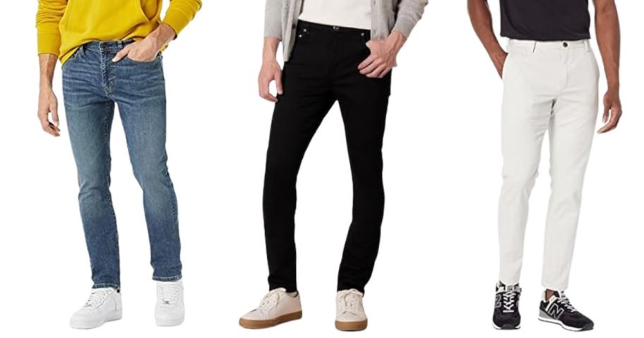 three men wearing amazon pants