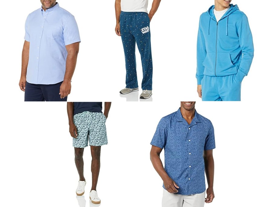 men wearing blue shirt, blue pants, blue hoodie, and shorts 