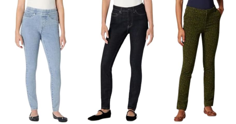 three women wearing amazon essentials jeans and pants