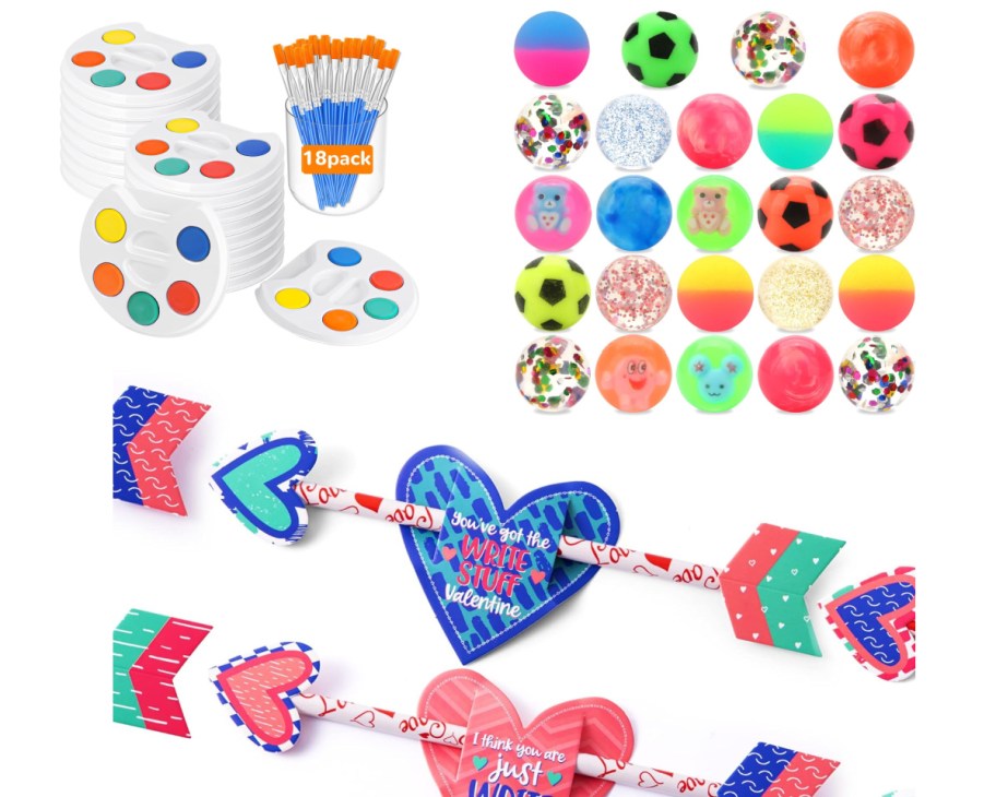 mini paint sets, bouncy balls, and valentines pencils