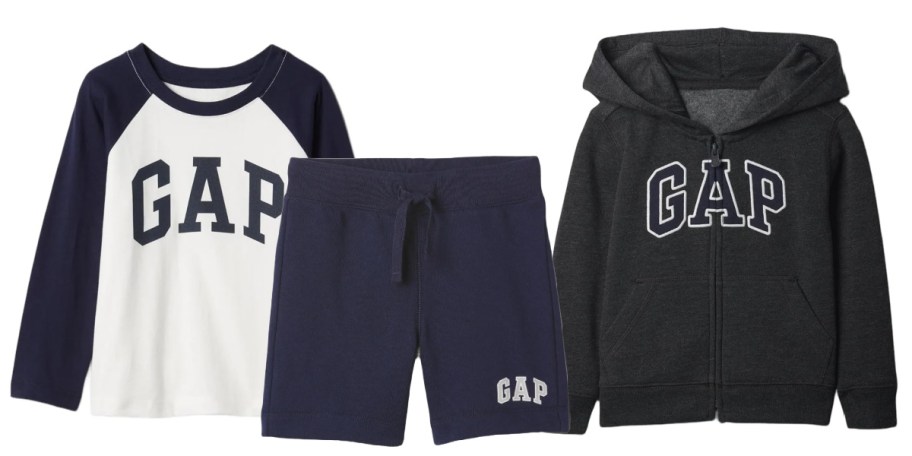 gap long sleeve, shorts, and zip hoodie