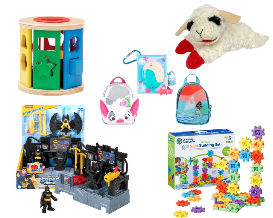 wooden shape srter, lamb toy, batman toy, mini backpacks, and gears toy