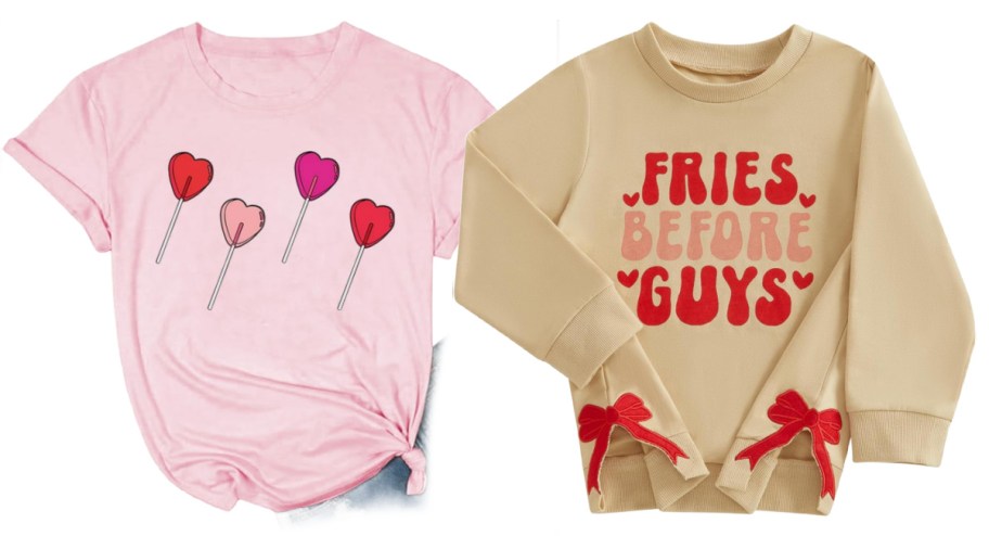 pink lollipop heart shirt and tan crewneck