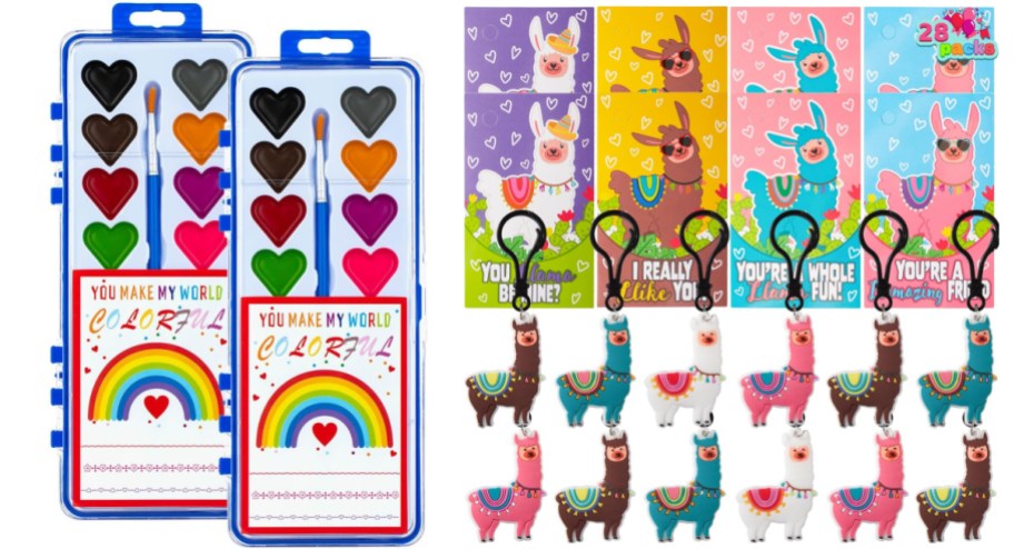 two heart watercolor palettes and llama keychains