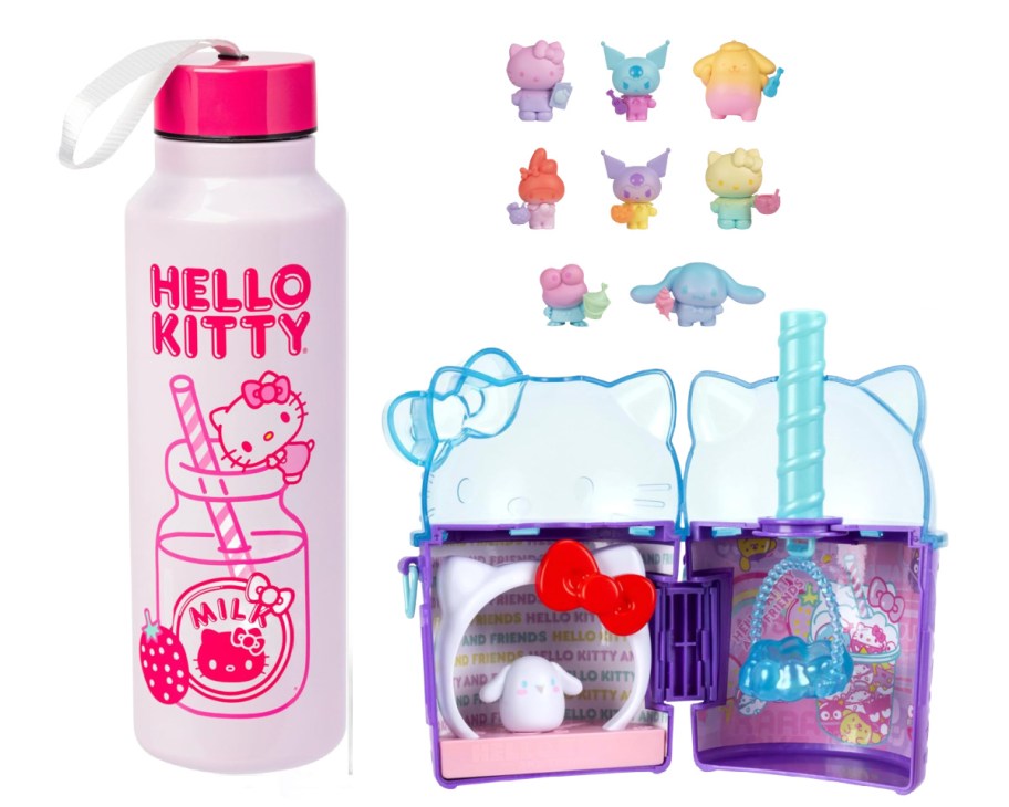 hello kitty water bottle, boba playset and figures