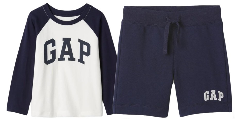 blue and white raglan tee and blue shorts