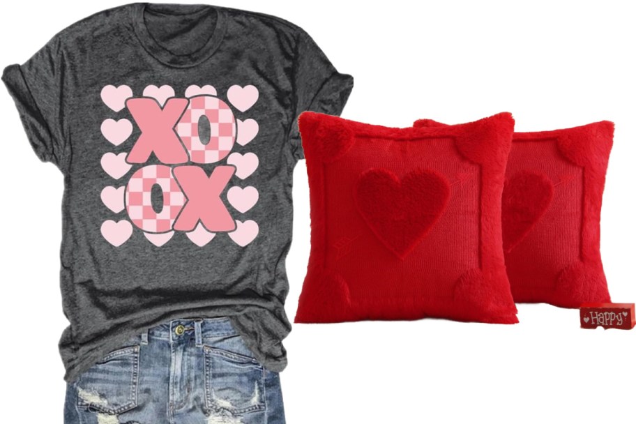 grey xoxo t shirt and two red pillows